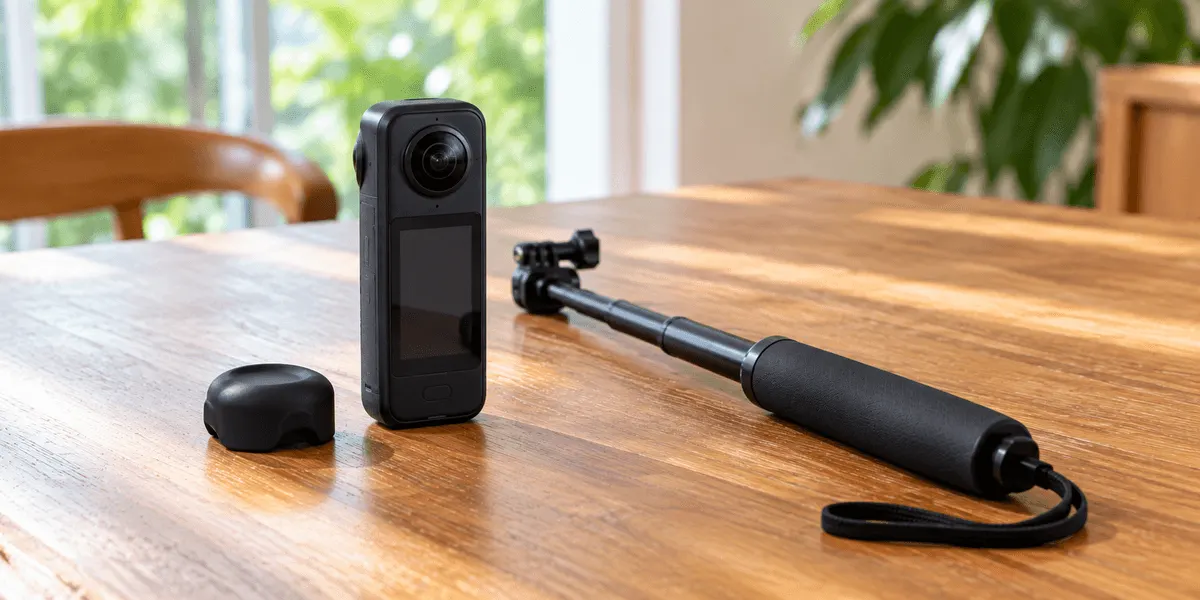 Insta360 X4 Air スターターキット レビュー|165g・8K30fpsの360度カメラを、予備バッテリーと114cmの自撮り棒が入る同梱物・交換できるレンズから整理