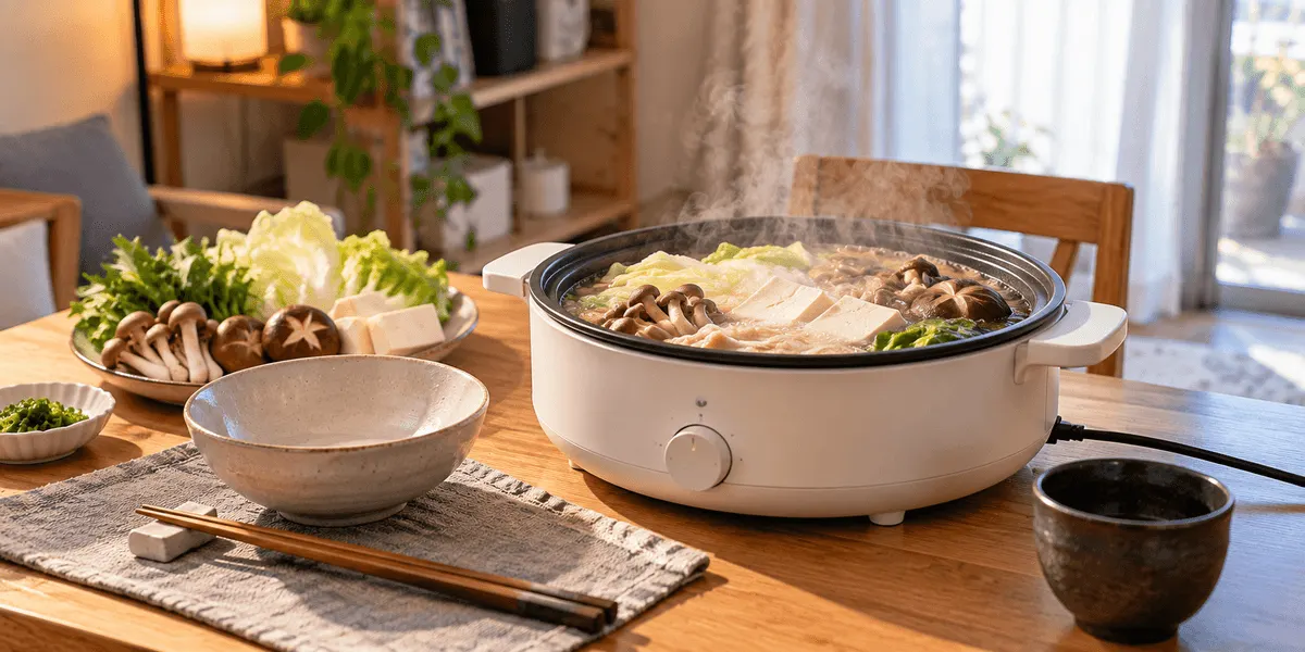山善 電気グリル鍋 一人鍋 YGE-S100(B) レビュー|深鍋プレート・自立するガラス蓋の電気鍋を、鍋の径・消費電力・温度の上限で食い違う数字から整理